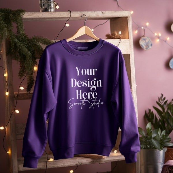 Gildan 18000 Mockup | Purple Gildan 18000 Sweater Mockup | Hanging Purple Sweatshirt Mockup | Purple Gildan 18000 Mockup