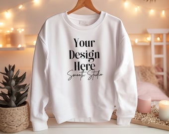 Gildan 18000 Mockup | White Gildan 18000 Sweater Mockup | Hanging White Sweatshirt Mockup | White Gildan 18000 Mockup