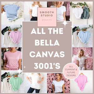 Pacchetto di mockup Bella Canvas 3001, tutti i mockup di Bella Canvas 3001 attuali e futuri, pacchetto di mockup con accesso a vita, intera collezione di magliette