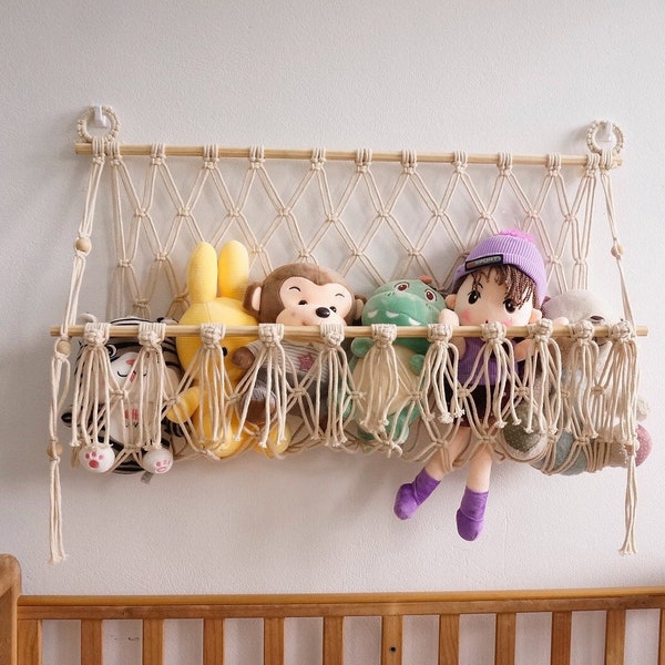 Hamaca de juguete, soporte de juguete Macrame, decoración de guardería y habitación para niños, decoración de pared de almacenamiento de juguetes hecha a mano, hamaca de animales de cosas, red de juguetes