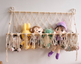 Jouet hamac, porte-jouets en macramé, décoration de chambre d'enfant et de bébé, décoration murale de rangement de jouets fait main, hamac pour animaux, filet pour jouets