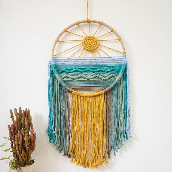 Blue Beach Macrama Wall Art, Dreamcatcher Nursery Wall Decor, Furniture And Decor, Aesthetic Baby Room Decor,Montessori Macrame Wall Hanging