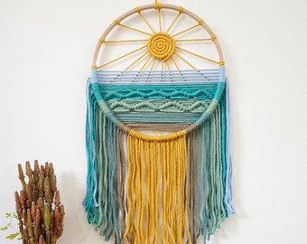 Blue Beach Macrama Wall Art, Dreamcatcher Nursery Wall Decor, Furniture And Decor, Aesthetic Baby Room Decor,Montessori Macrame Wall Hanging