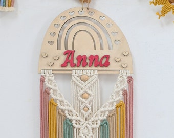 Macrame Name Sign: Personalized Bohemian Rainbow Wooden Plaque