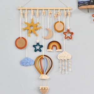 Macrame Space Wall Hanging: Hot Air Balloon, Sun, Rainbow, Cloud, Moon, Stars, Planets Decor