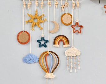 Macrame Space Wall Hanging: Hot Air Balloon, Sun, Rainbow, Cloud, Moon, Stars, Planets Decor