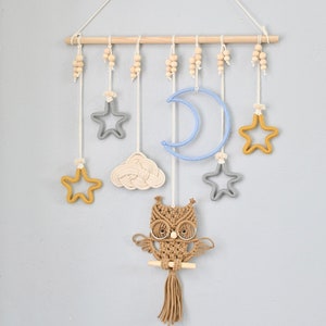 Baby Room Decor Wall Art, Set Of 7 Handmade Items Wall Hanging, Night Sky With Moon Star Cloud Owl Wall Decor, Sunshine Rainbow Baby Room