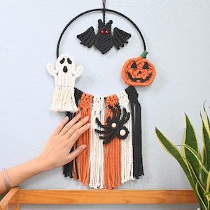 Macrame Halloween Wall Hanging, Ghost Pumpkin Spider Bat Decor, Boho Spooky Wall Art, Kids Halloween Room Decoration