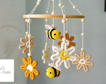 Bee Amigurumi, Bumble Bee Mobile, Mini Bee Mobile, Garden Nursery, Baby Gift, Handmade Furniture, Cot Mobile, Flower Mobile, Newborn Gifts