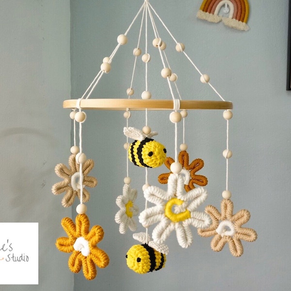 Bumble Bees and Flowers Mobile, Bumble Bees Decor, Garden Vibes Baby Mobile, Bees Baby Mobile, Baby Gift , Unique Gift, Kids room Mobile|