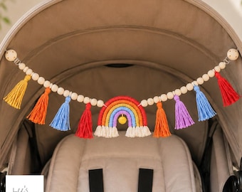 Personalized Rainbow Stroller Garland, Custom Baby Pram Decoration, Handmade Macrame Toy, Wooden Bead Tassel Clip, Unique Baby Gift
