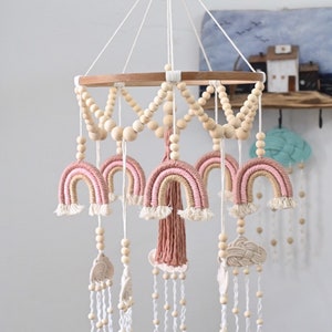 Rainbow and Cloud Baby Mobile, Nursery Mobile, Cot Mobile, Wood Bead Mobile, Crib Mobile, Custom Made Mobile, Macrame Mobile, Baby Shower 画像 8