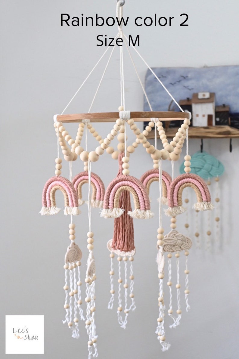 Rainbow and Cloud Baby Mobile, Nursery Mobile, Cot Mobile, Wood Bead Mobile, Crib Mobile, Custom Made Mobile, Macrame Mobile, Baby Shower 画像 8