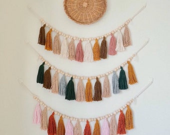 Custom Color Garland Tassel, Garland Tassel With Wood Beads, Earth Tone Wall Art, Over The Crib, Neutral Decor, Boho Nursery