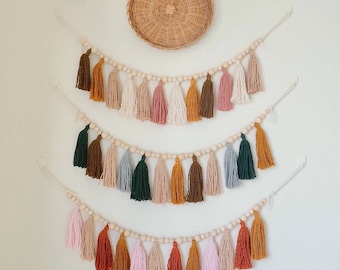 Custom Color Garland Tassel, Garland Tassel With Wood Beads, Earth Tone Wall Art, Over The Crib, Neutral Decor, Boho Nursery