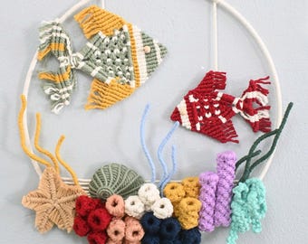 Macrame Ocean Wall Hanging with Fish and Coral, Under the Sea Nursery Decor