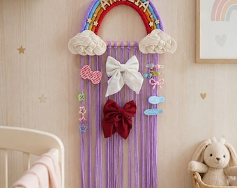 Personalized Rainbow Bow Holder with Wooden Name, Custom Color Wall Hanging, Gift for Girls