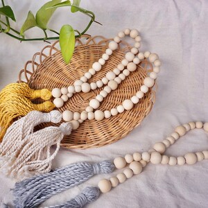 Natural Wood Bead Garland With Tassel, Farmhouse Bead Garland, Coffer Table Garland, Tiered Tray Decor, Natural Wood Bead Garland