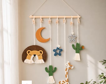 Safari Nursery Wall Hanging, Lion Elephant Dinosaur Nursery Decor, Boho Baby Room Decor, Animal Wall Art for Nursery, Baby Boy Room Decor