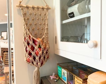 Macrame Hanging Fruit Basket, Cotton Fruit Hammock, Kitchen Produce Storage, Boho Kitchen Organizer