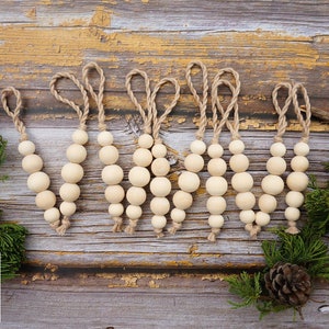 Wood Bead Ornaments, Christmas Tree Ornaments, Ornaments Set, Farmhouse Christmas, Ornaments on Jute String, Xmas Tree Decor, Holiday Decor