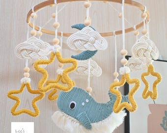 Whale Baby Mobile for Crib, Neutral Ocean Nursery Decor, Handmade Macrame Baby Mobile, Coastal Nursery Mobile, Baby Shower Gift