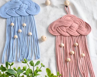 Macrame Cloud Nursery Wall Decor, Cloud Wall Hanging with Raindrops, Handmade Baby Room Decor, Kids Room Wall Art, Baby Shower Gift