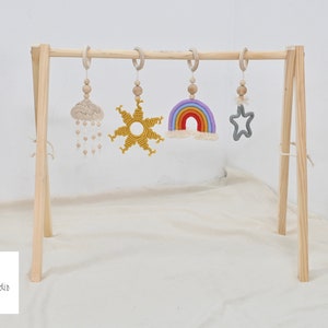 4Pcs/Set Boho Newborn Gifts, Foldable Wooden Baby Gym, Hanging Bar Baby Developmental Toy, Baby Gym With Sky Theme,Rainbow Toy Hanging