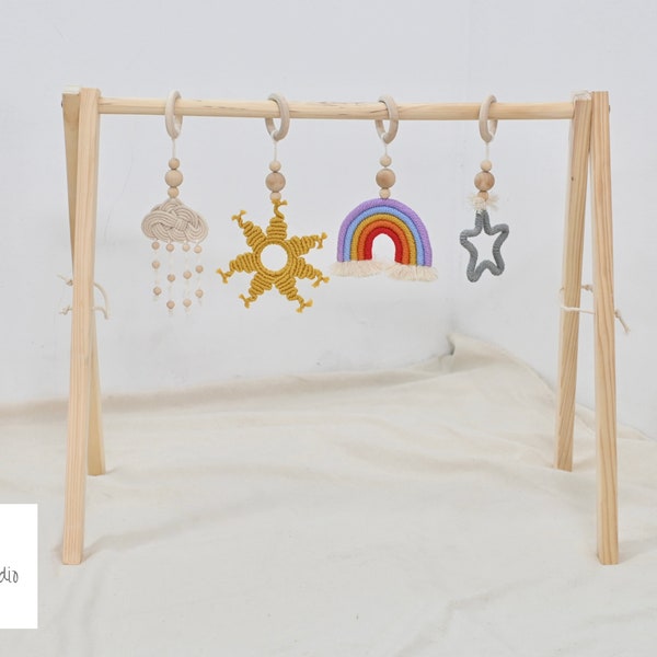 4Pcs/Set Boho Newborn Gifts, Foldable Wooden Baby Gym, Hanging Bar Baby Developmental Toy, Baby Gym With Sky Theme,Rainbow Toy Hanging