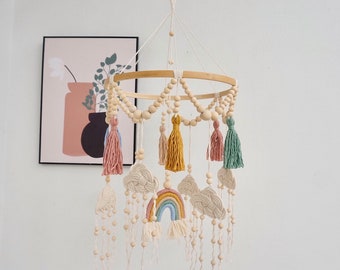 Nursery Mobile, Macrame Rainbow Mobile, Baby Shower Gift, Colorful Tassel Mobile,  Boho Nursery Decor, Nursery Woodland Decor, Over The Crib