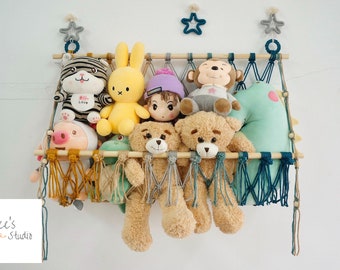Colorful Macrame Toy Hammock, Stuffed Animal Storage for Kids Rooms