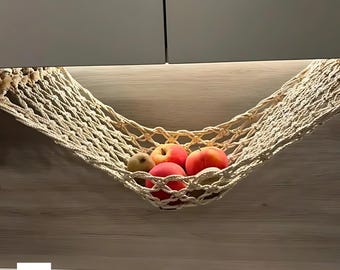 Large Macrame Fruit Hammock, Under Cabinet Produce Storage with 4 Hooks