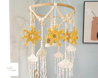 Sun Baby Mobile, Personalized Macrame Nursery Decor with Clouds, Rainbow and Wood Beads