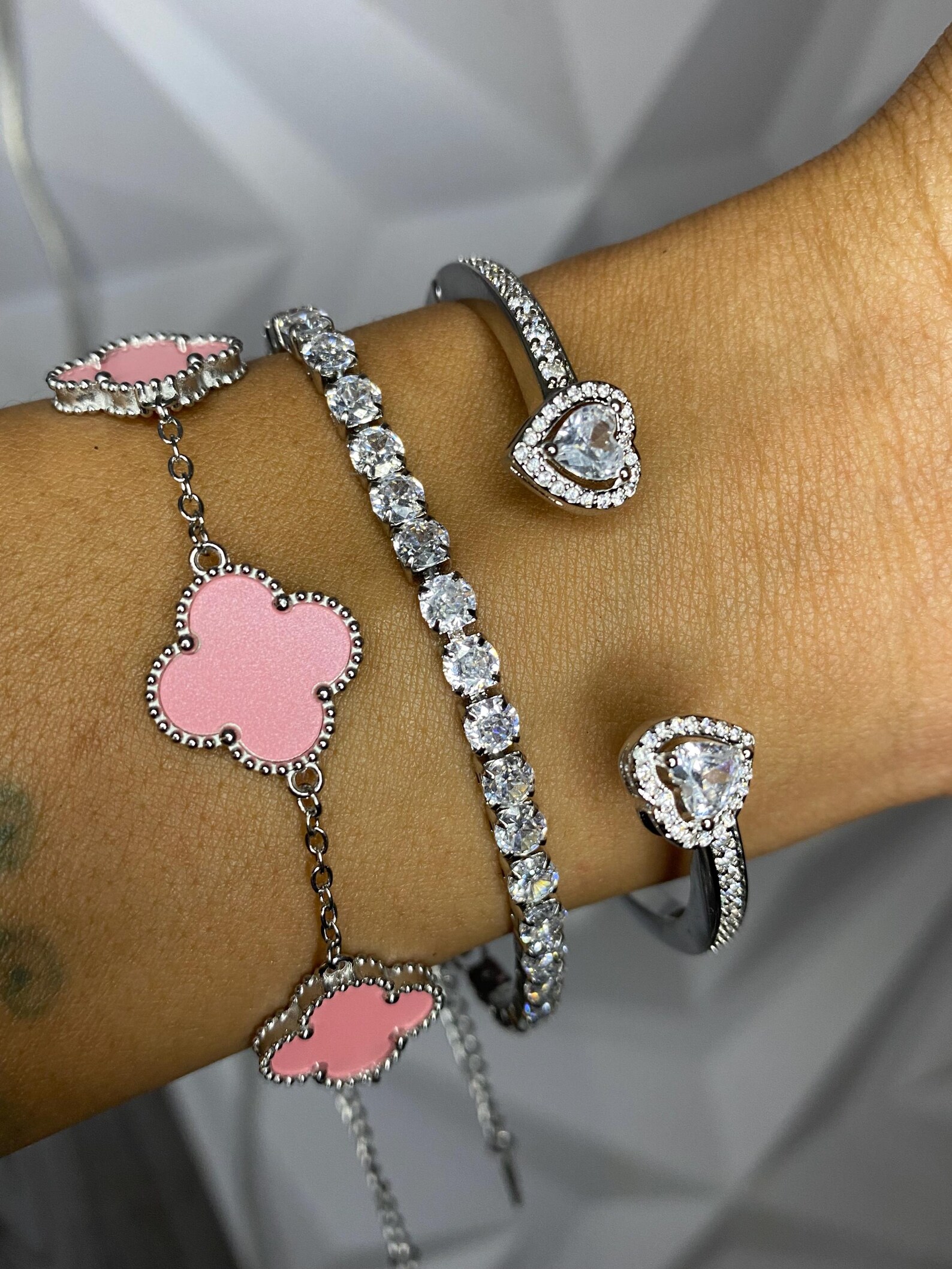 Clover Bracelet Set, Pink Clover Bracelet, Rhinestone Bracelet, Diamond