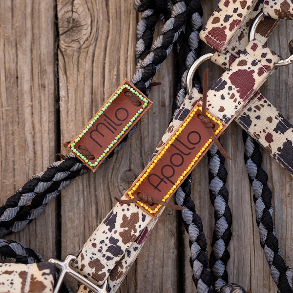 Leather Horse Halter Name Tag: Beaded ID, Customized Name Plate
