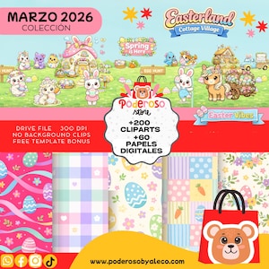 Puede incluir: Una colección de arte digital con temática de Pascua. La imagen presenta conejitos de dibujos animados, huevos y patrones florales. El texto incluye "Easterland Cottage Village", "Spring is Here" y "Easter Vibes". También se ve una bolsa roja con la cara de un oso.