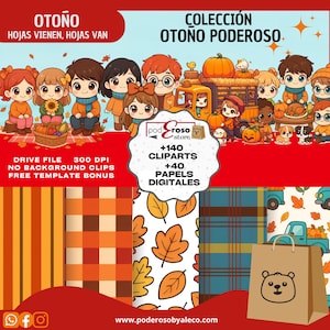Puede incluir: Una colección de arte digital con temática otoñal. La imagen presenta personajes de dibujos animados, calabazas y hojas de otoño. El texto incluye "OTOÑO" y "COLECCIÓN OTOÑO PODEROSO." También incluye papeles digitales y clip art.