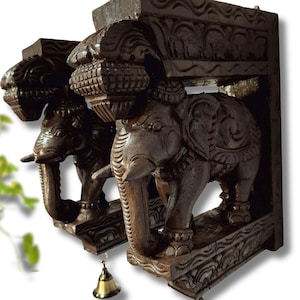 JLine Arts 12&quot; Wood Elephant Corbel Wall Bracket Pair | Handmade Indian Art Wall Decor for Floating Shelves | Set of 2 | Ready to Ship