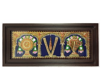 Sanku Chakram Thenkalai Namam Tanjore Painting with Frame, 22K Gold Made,  Pooja Room Décor, Indian Gift, Free international Shipping