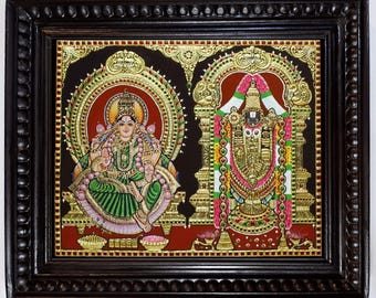 Balaji Lakshmi Tanjore Painting: 22K Gold Teakwood Frame