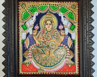 Gajalakshmi Tanjore Painting 15" x 13" with Framed 22K Gold Pooja Room Goddess of Wealth Indian Art Gift Pooja Room Décor Ready to Ship