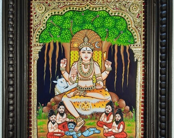 Dakshinamurthy Tanjore Painting: 22K Gold Foils, Teakwood Frame