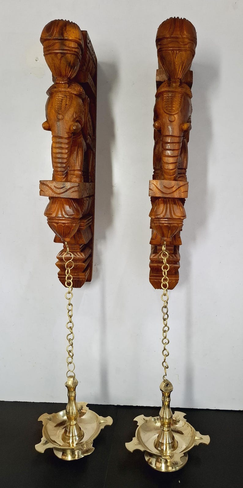 Wooden Elephant Wall Corbel Pair Teak Color Finish Brass Oil Lamps Wall