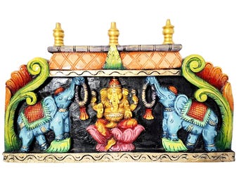 Ganesha Wooden Panel, Hand Carved Ganesh Decor, Hindu Temple Hanging, 24 inches