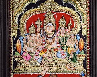Shiva Family Tanjore Painting: 22K Gold Foils, Teakwood Frame