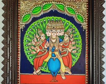 Subramanya Swamy Tanjore Painting with Frame 22K Gold Foils Made Teakwood Framed Indian Artwork Gift Size Ready to Ship