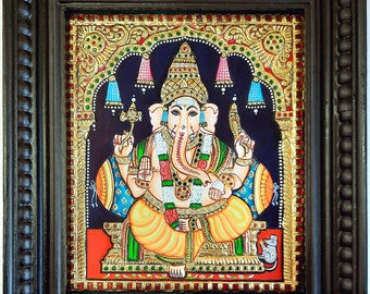 Tanjore Painting Ganesha with Frame 22K Gold Foils Made Teakwood Framed Indian Gift Custom Size Painting / Made to Order