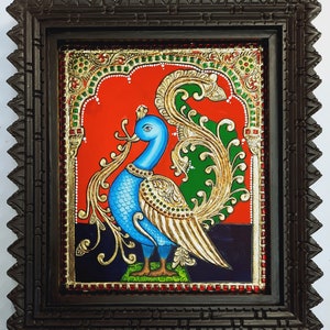 Peacock Tanjore Painting - Handmade Indian Artwork with 22K Gold Foil, Teakwood Frame - Ideal Housewarming Gift, Ready to Ship