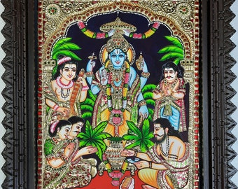 Tanjore Painting Satyanarayana Swamy with Frame 22K Gold Foils Made Teakwood Framed Indian Gift Custom Size Painting / Made to Order