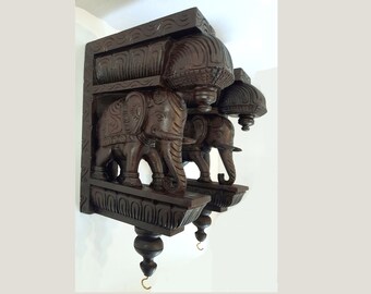 Wooden Elephant Wall Corbel Vintage Style Brass Bells Wall Bracket 17-inch 2 Pcs Door Entrance Wall Décor Ready to Ship